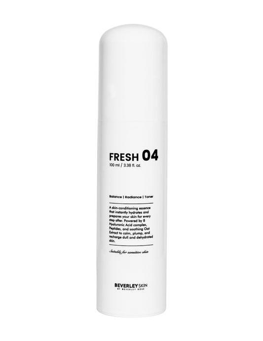 Fresh 04 hydrating toner with 8 types of hyaluronic acid by Beverleyskin, sleek white bottle design on a white background